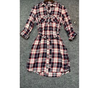 Tommy Hilfiger Denim Plaid Shirt Dress Red White Blue Cotton Belted Mini Small